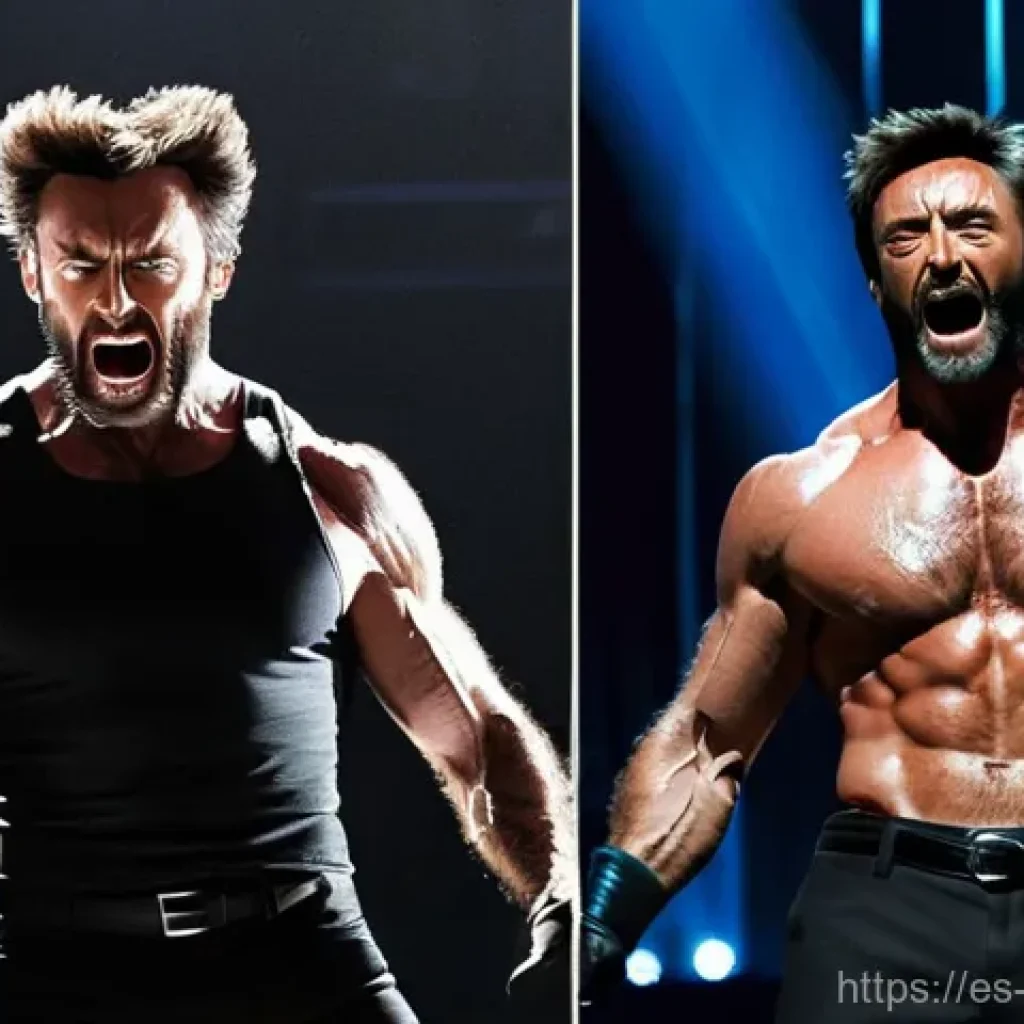 Hugh Jackman의 뮤지컬과 영화 이중 생활 - **Prompt:** A dynamic, split-screen image showcasing Hugh Jackman's incredible versatility. On the l...