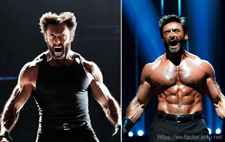 Hugh Jackman의 뮤지컬과 영화 이중 생활 - **Prompt:** A dynamic, split-screen image showcasing Hugh Jackman's incredible versatility. On the l...