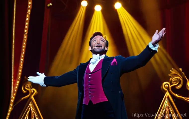 Hugh Jackman의 뮤지컬과 영화 이중 생활 - **Prompt:** A dynamic, split-screen image showcasing Hugh Jackman's incredible versatility. On the l...