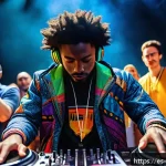 Idris Elba의 디제이 활동과 배우로서의 삶 - A charismatic Black male DJ performing at a vibrant international music festival in London, dressed ...