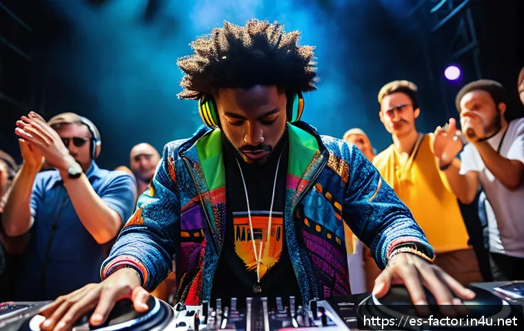 Idris Elba의 디제이 활동과 배우로서의 삶 - A charismatic Black male DJ performing at a vibrant international music festival in London, dressed ...