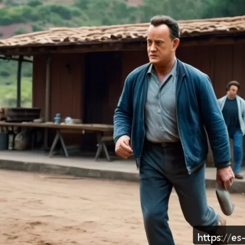 Tom Hanks와  포레스트 검프  촬영 뒷이야기 - A detailed cinematic scene of an actor resembling Tom Hanks practicing walking with a fake leg prost...