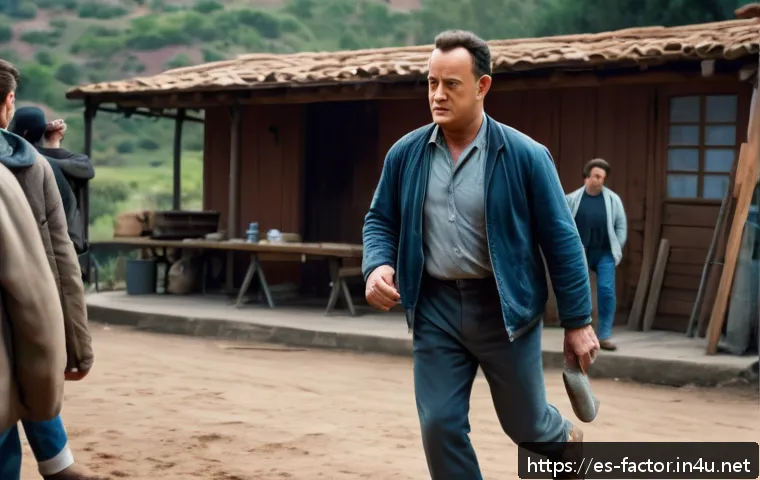 Tom Hanks와  포레스트 검프  촬영 뒷이야기 - A detailed cinematic scene of an actor resembling Tom Hanks practicing walking with a fake leg prost...
