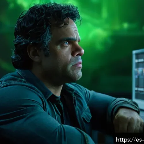 Mark Ruffalo의 헐크 캐스팅 비화 - A detailed cinematic portrait of Mark Ruffalo as Bruce Banner, showing a thoughtful and introspectiv...