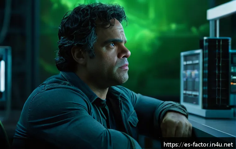 Mark Ruffalo의 헐크 캐스팅 비화 - A detailed cinematic portrait of Mark Ruffalo as Bruce Banner, showing a thoughtful and introspectiv...