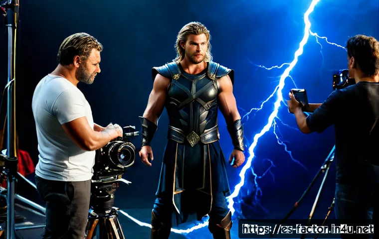 Chris Hemsworth의 토르 비하인드 스토리 - Photorealistic behind-the-scenes film set with Chris Hemsworth in a dark fantasy thunder-warrior cos...